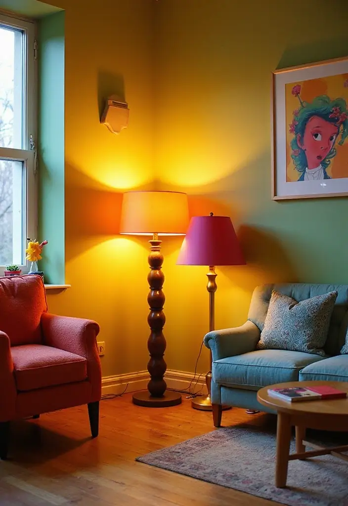 25 Corner Lighting Designs to Brighten Unused Spaces - 10. Colorful Accent Lamps