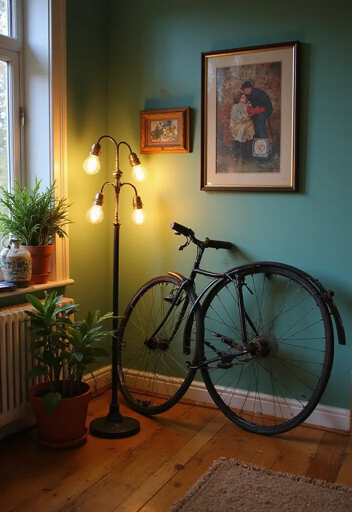 25 Corner Lighting Designs to Brighten Unused Spaces - 19. Vintage Bicycle Wheel Lamps