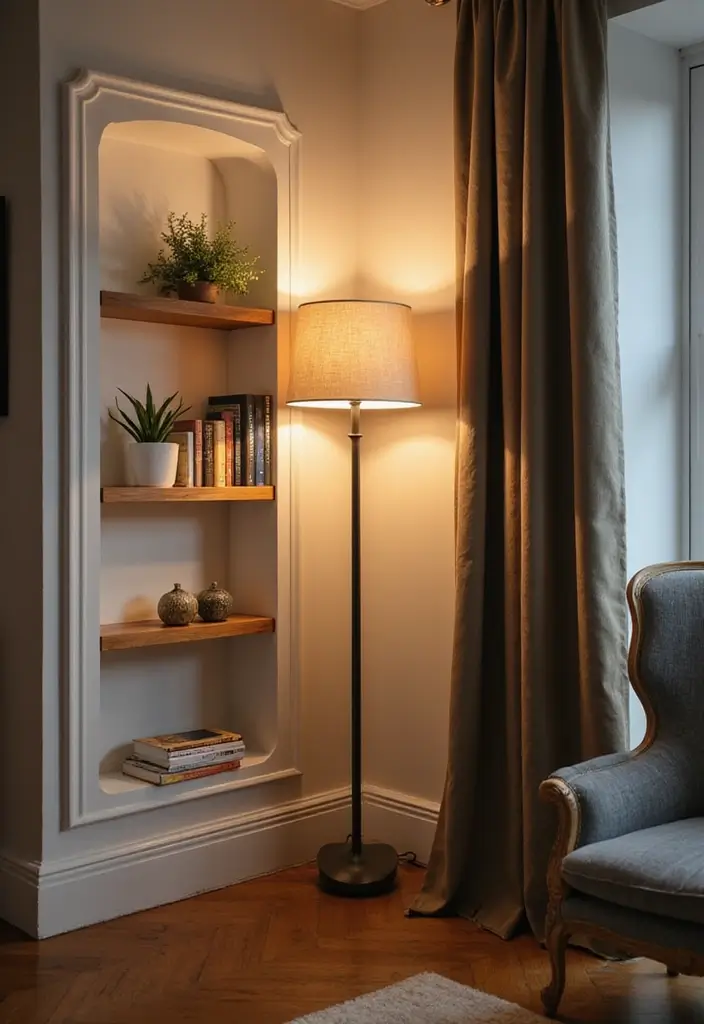 25 Corner Lighting Designs to Brighten Unused Spaces - 7. Floor Lamps with Built-in Shelving