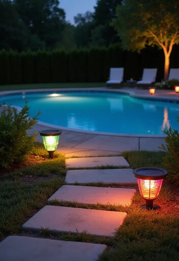 25 Pool Lighting Ideas That Turn Nights Into Magic 4 25 Pool Lighting Ideas That Turn Nights Into Magic - 4. Colorful Poolside Path Lights