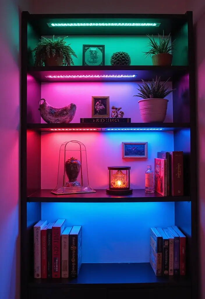26 Shelf Lighting Ideas That Highlight Every Detail 16 26 Shelf Lighting Ideas That Highlight Every Detail - 16. Color-Changing LED Strips