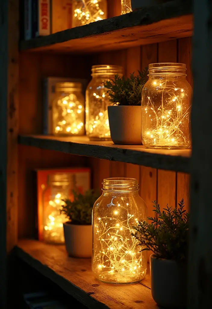 26 Shelf Lighting Ideas That Highlight Every Detail 2 26 Shelf Lighting Ideas That Highlight Every Detail - 2. Recycled Glass Jar Lights