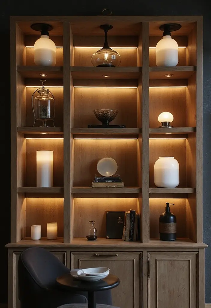 26 Shelf Lighting Ideas That Highlight Every Detail 25 26 Shelf Lighting Ideas That Highlight Every Detail - 25. Frosted Glass Shelf Lights
