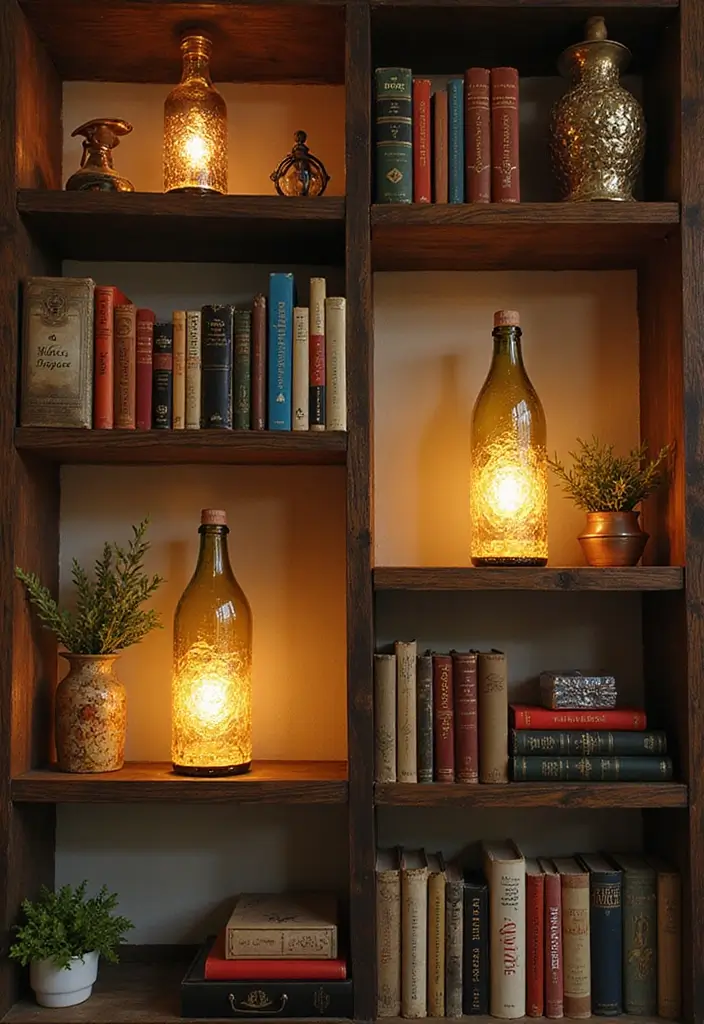 26 Shelf Lighting Ideas That Highlight Every Detail 6 26 Shelf Lighting Ideas That Highlight Every Detail - 6. Upcycled Wine Bottle Lamps