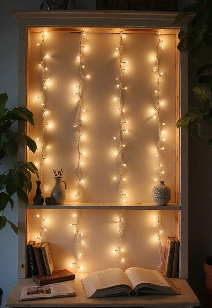 26 Shelf Lighting Ideas That Highlight Every Detail 7 26 Shelf Lighting Ideas That Highlight Every Detail - 7. Fairy Light Curtain