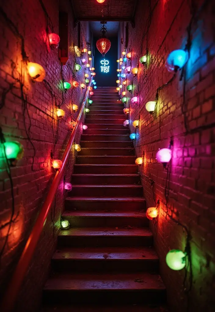 26 Staircase Lighting Designs That Transform Your Hallway Look 18 26 Staircase Lighting Designs That Transform Your Hallway Look - 18. Bright Colorful Bulbs
