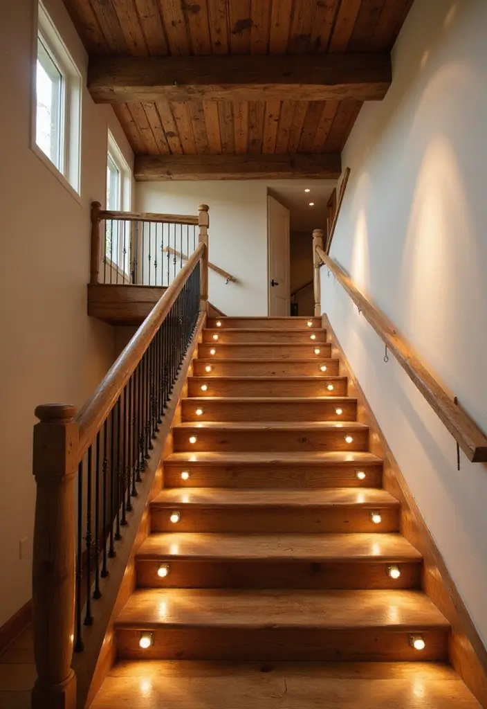 26 Staircase Lighting Designs That Transform Your Hallway Look 20 26 Staircase Lighting Designs That Transform Your Hallway Look - 20. Rustic Wood Beam Lighting