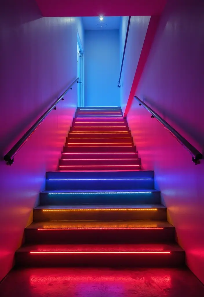 26 Staircase Lighting Designs That Transform Your Hallway Look 9 26 Staircase Lighting Designs That Transform Your Hallway Look - 9. Creative LED Color Wash