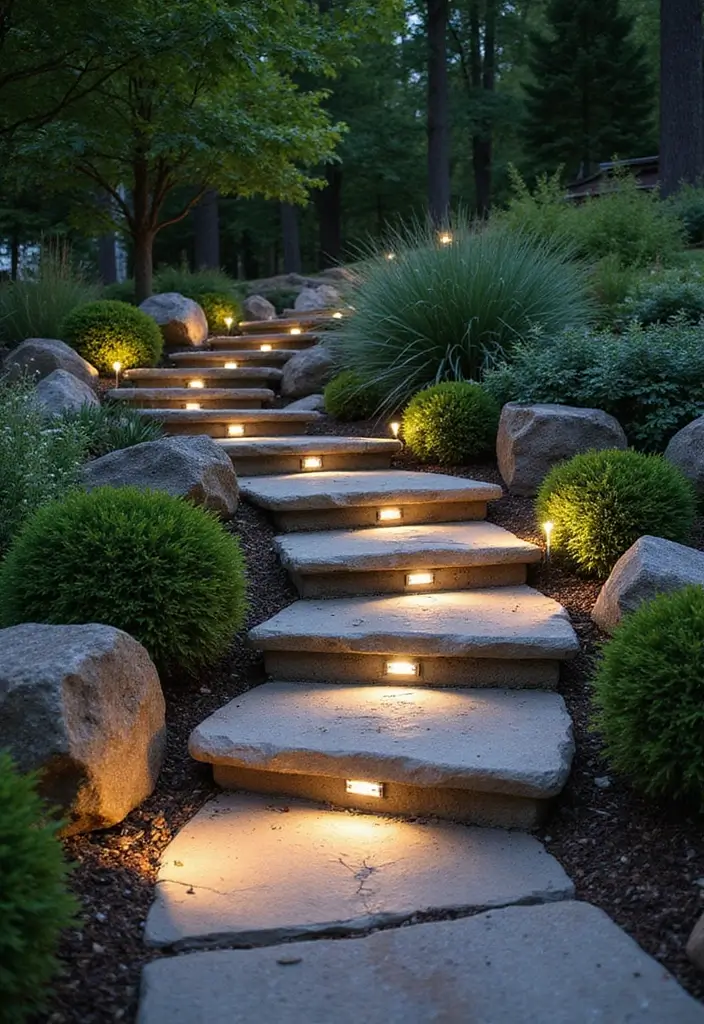 26 Steps Lighting Designs That Combine Safety and Style - 15. Natural Stone Step Lights
