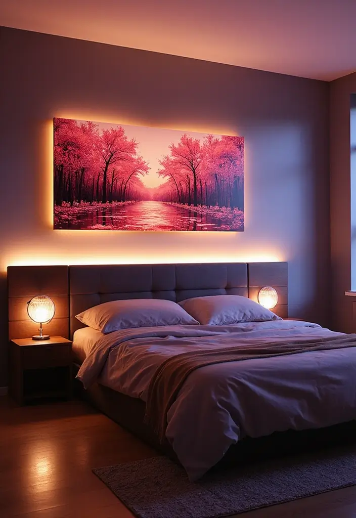 27 Bedroom LED Lighting Ideas You’ll Love for Modern Vibes 10 27 Bedroom LED Lighting Ideas You’ll Love for Modern Vibes - 10. LED Wall Art