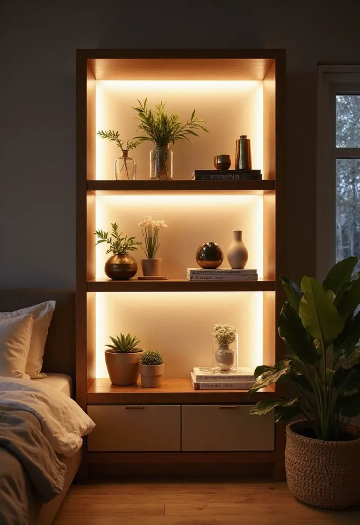 27 Bedroom LED Lighting Ideas You’ll Love for Modern Vibes 2 27 Bedroom LED Lighting Ideas You’ll Love for Modern Vibes - 2. LED Strip Lights on Shelves