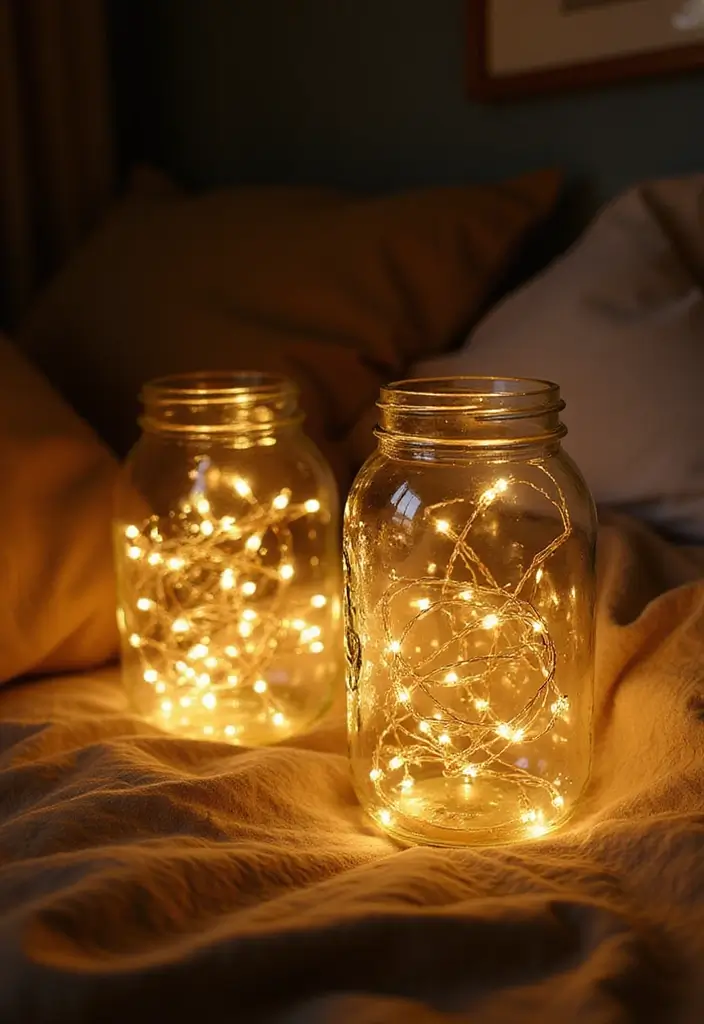 27 Bedroom LED Lighting Ideas You’ll Love for Modern Vibes 23 27 Bedroom LED Lighting Ideas You’ll Love for Modern Vibes - 23. LED String Lights in Jars