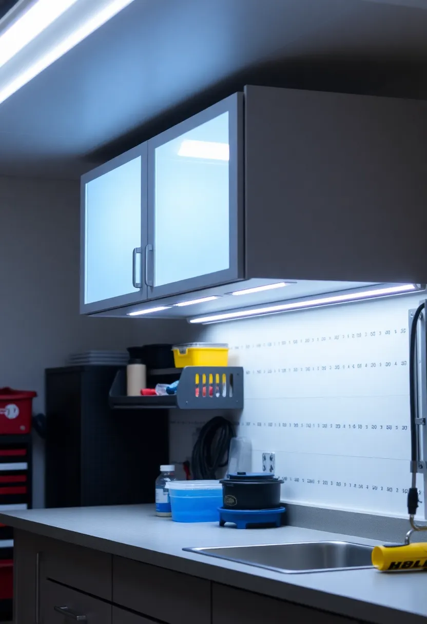27 Garage Lighting Ideas That Improve Function and Style 27 27 Garage Lighting Ideas That Improve Function and Style - 27. LED Under-Cabinet Lighting