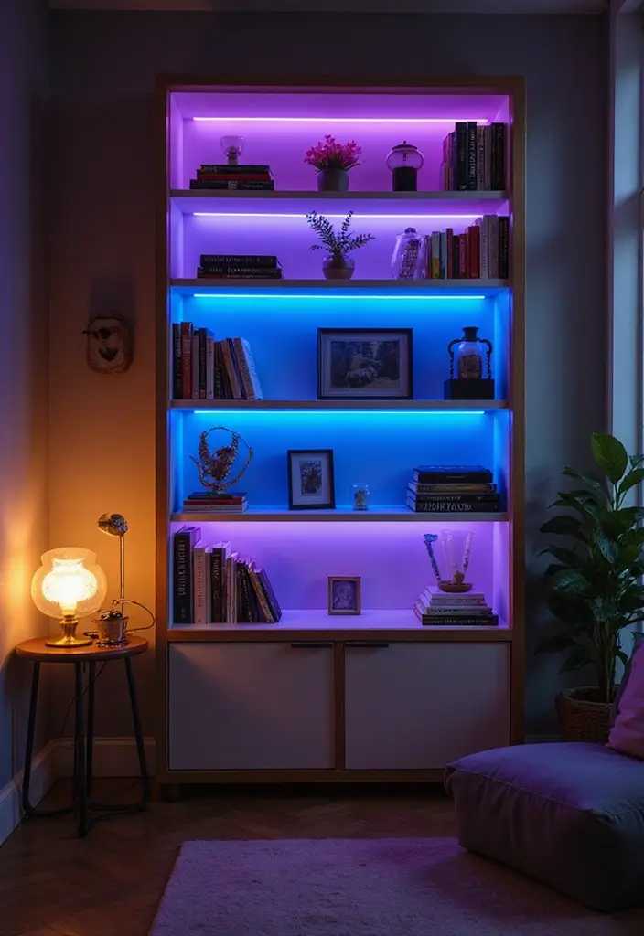 27 RGB Lighting Ideas That Add Fun and Color to Any Room 20 27 RGB Lighting Ideas That Add Fun and Color to Any Room - 20. RGB Backlit Shelves