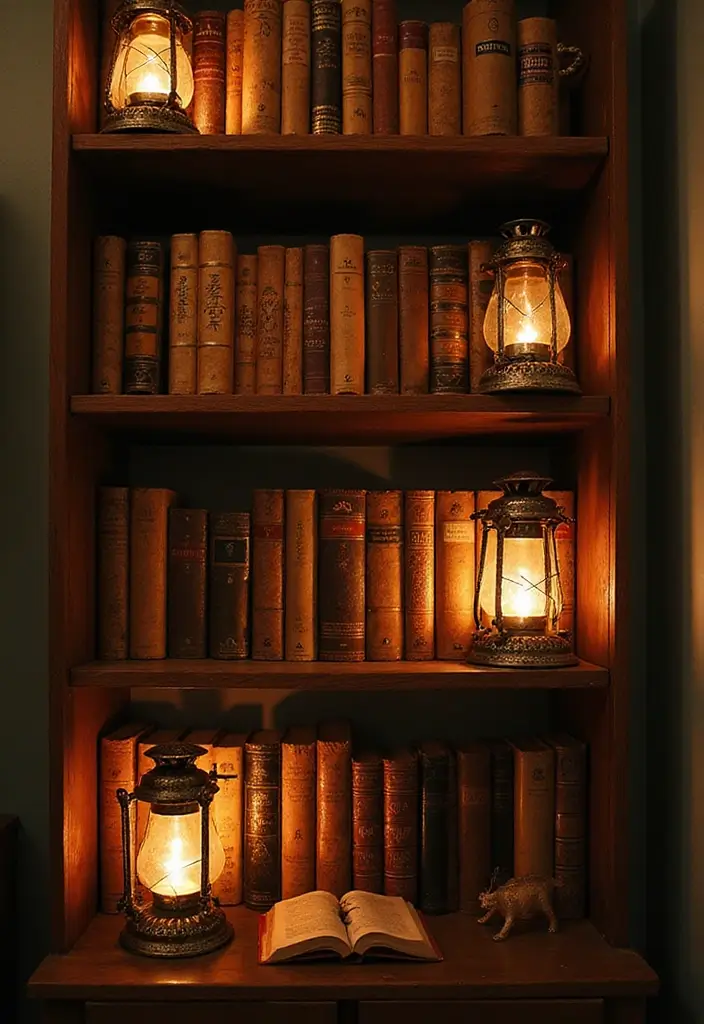 28 Bookshelf Lighting Ideas That Add Drama and Elegance 10 28 Bookshelf Lighting Ideas That Add Drama and Elegance - 10. Vintage Lanterns for a Timeless Appeal