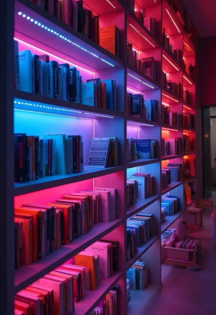 28 Bookshelf Lighting Ideas That Add Drama and Elegance 11 28 Bookshelf Lighting Ideas That Add Drama and Elegance - 11. Highlighting with Colored LEDs