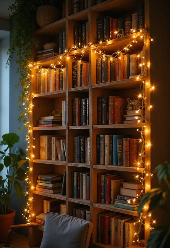 28 Bookshelf Lighting Ideas That Add Drama and Elegance 13 28 Bookshelf Lighting Ideas That Add Drama and Elegance - 13. String Lights for an Easy DIY Project