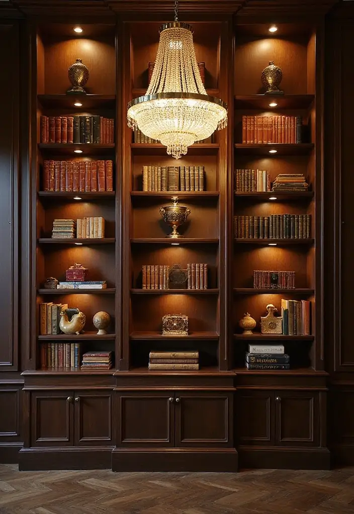 28 Bookshelf Lighting Ideas That Add Drama and Elegance 16 28 Bookshelf Lighting Ideas That Add Drama and Elegance - 16. Chandeliers for a Touch of Glamour