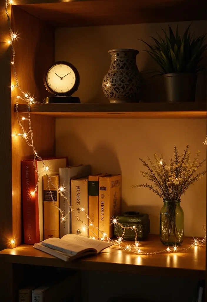 28 Bookshelf Lighting Ideas That Add Drama and Elegance 2 28 Bookshelf Lighting Ideas That Add Drama and Elegance - 2. Battery-Powered Fairy Lights for Whimsical Charm