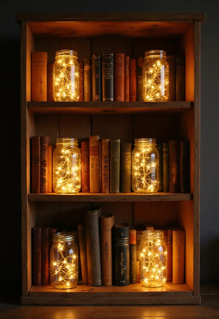 28 Bookshelf Lighting Ideas That Add Drama and Elegance 20 28 Bookshelf Lighting Ideas That Add Drama and Elegance - 20. DIY Mason Jar Lights for a Rustic Touch