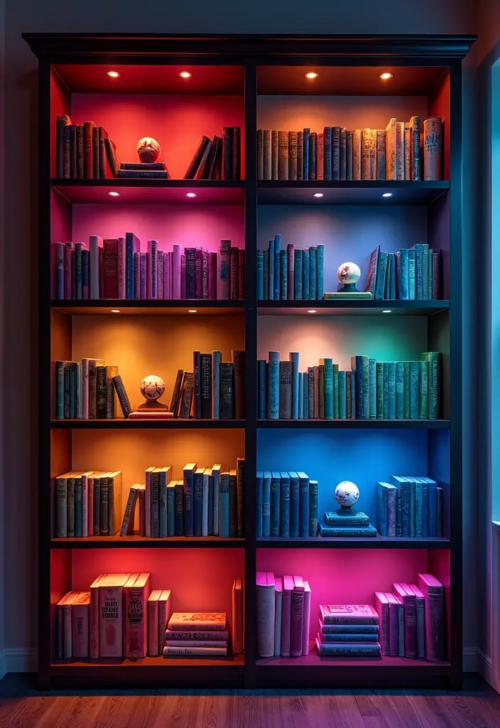 28 Bookshelf Lighting Ideas That Add Drama and Elegance 23 28 Bookshelf Lighting Ideas That Add Drama and Elegance - 23. Use of Accent Colors with Lighting