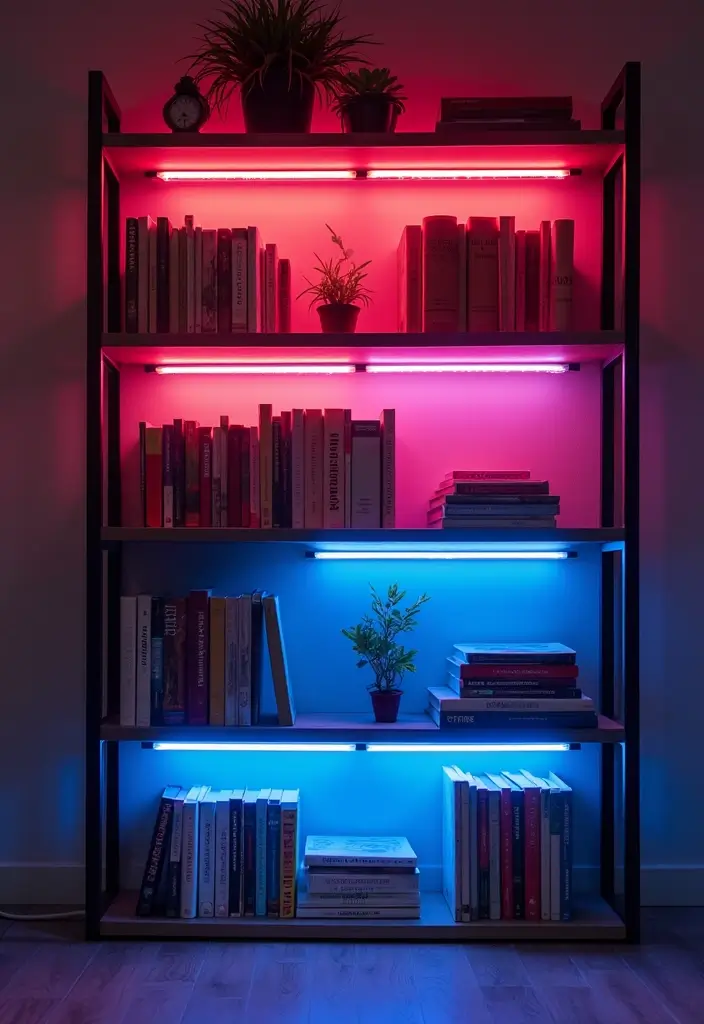 28 Bookshelf Lighting Ideas That Add Drama and Elegance 24 28 Bookshelf Lighting Ideas That Add Drama and Elegance - 24. Neon Lights for a Trendy Look
