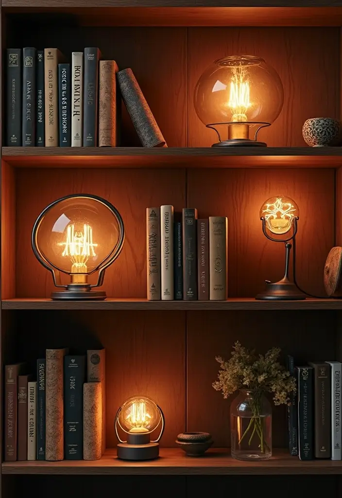 28 Bookshelf Lighting Ideas That Add Drama and Elegance 26 28 Bookshelf Lighting Ideas That Add Drama and Elegance - 26. Artistic Light Fixtures for Unique Flair