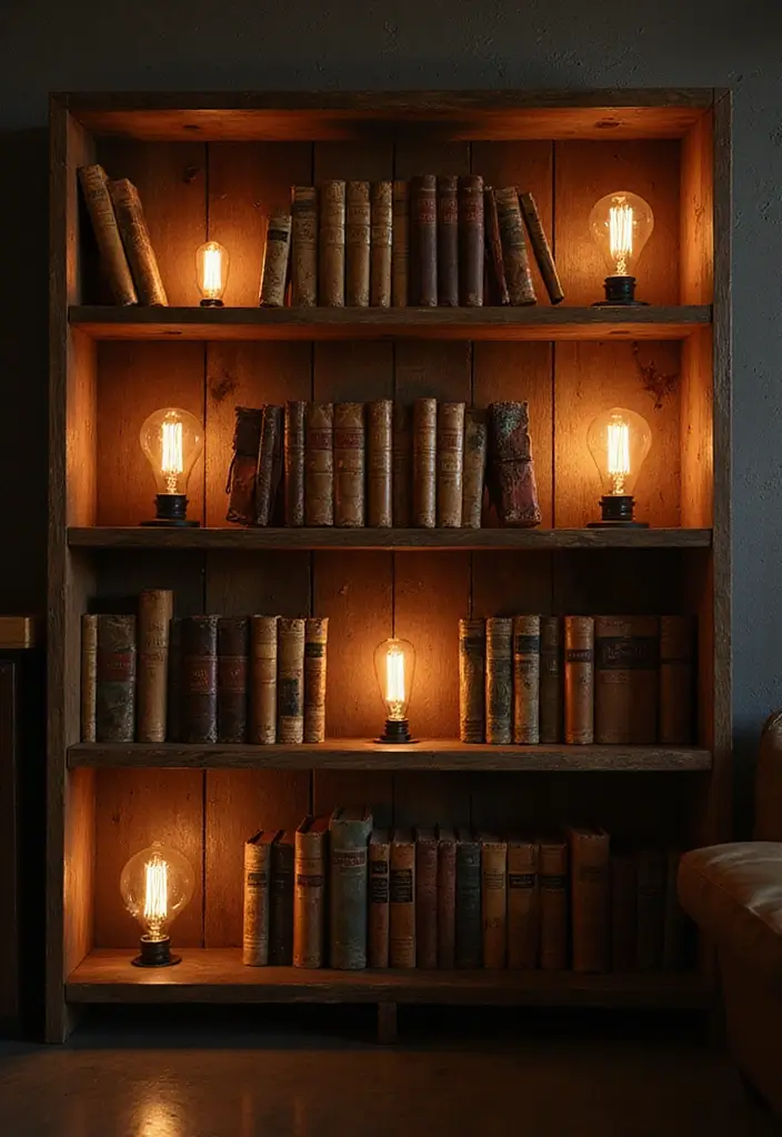 28 Bookshelf Lighting Ideas That Add Drama and Elegance 4 28 Bookshelf Lighting Ideas That Add Drama and Elegance - 4. Vintage Edison Bulbs for a Rustic Feel