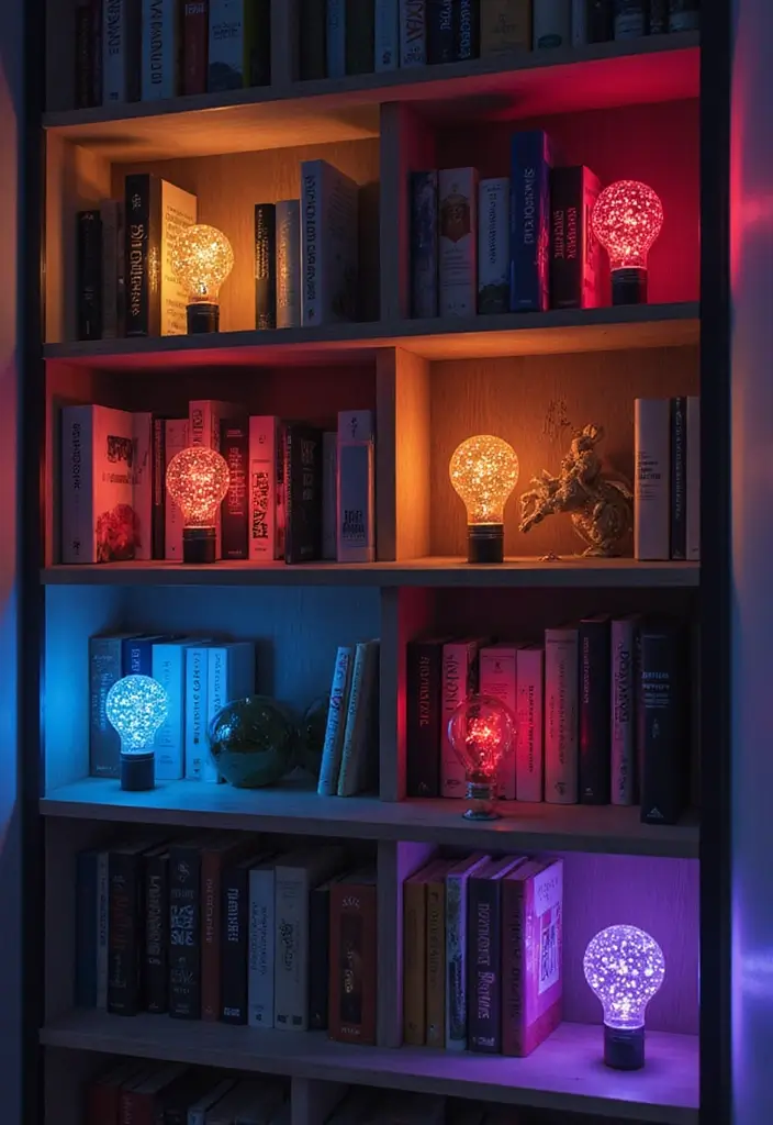 28 Bookshelf Lighting Ideas That Add Drama and Elegance 5 28 Bookshelf Lighting Ideas That Add Drama and Elegance - 5. Color-Changing Smart Bulbs for Versatile Ambiance