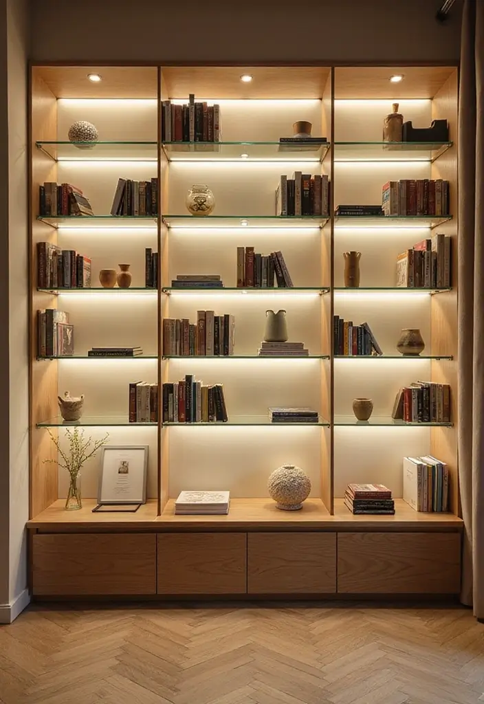 28 Bookshelf Lighting Ideas That Add Drama and Elegance 8 28 Bookshelf Lighting Ideas That Add Drama and Elegance - 8. Glass Shelves with Underlighting