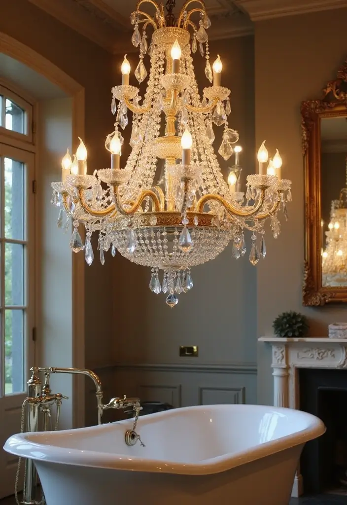 28 Ceiling Bathroom Lighting Ideas for Elegant Glow - 1. Vintage Crystal Chandeliers