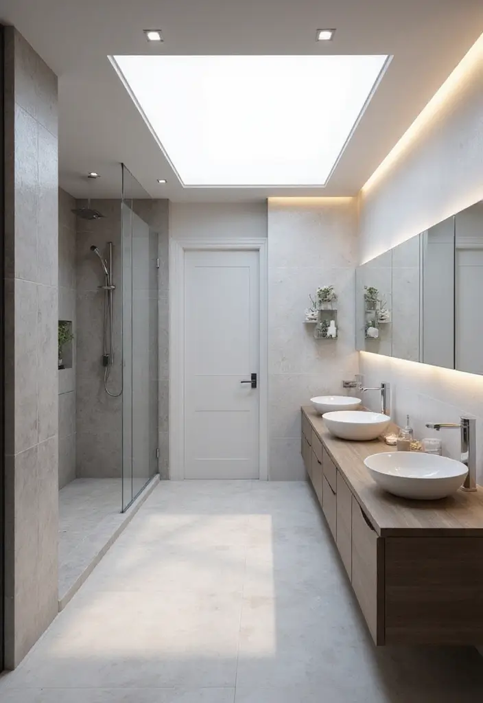28 Ceiling Bathroom Lighting Ideas for Elegant Glow - 13. Minimalistic LED Panels