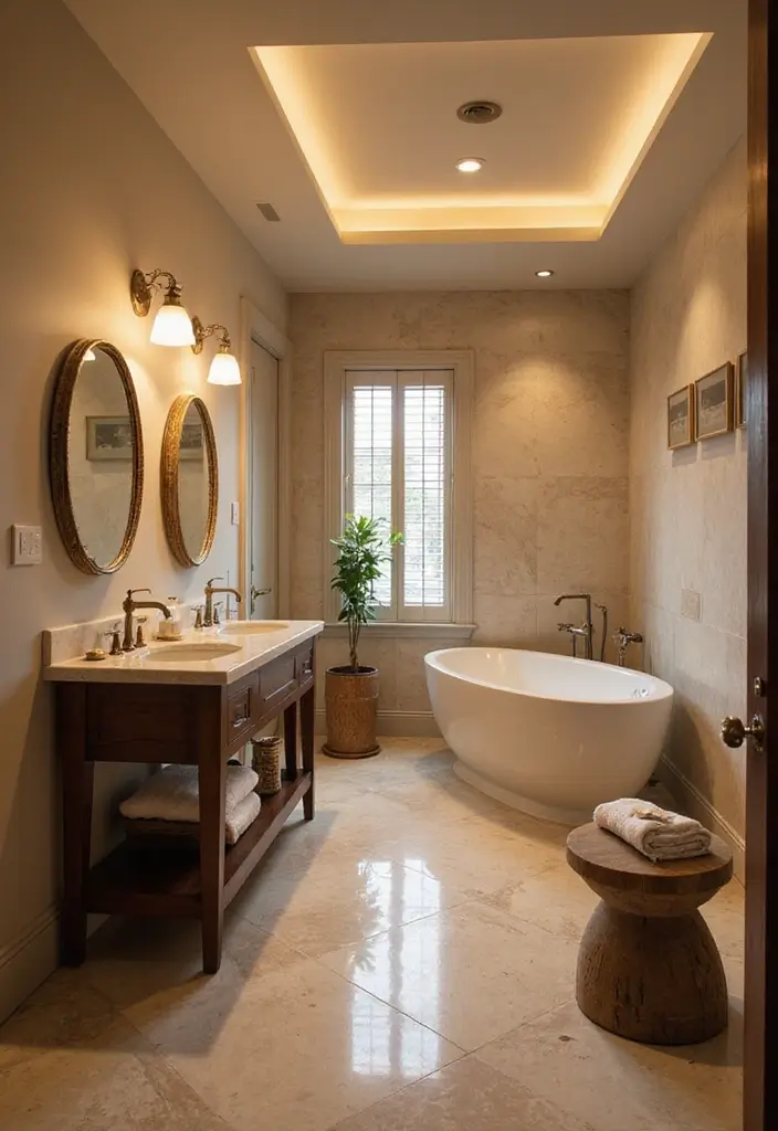 28 Ceiling Bathroom Lighting Ideas for Elegant Glow - 19. Layered Lighting with Multiple Fixtures