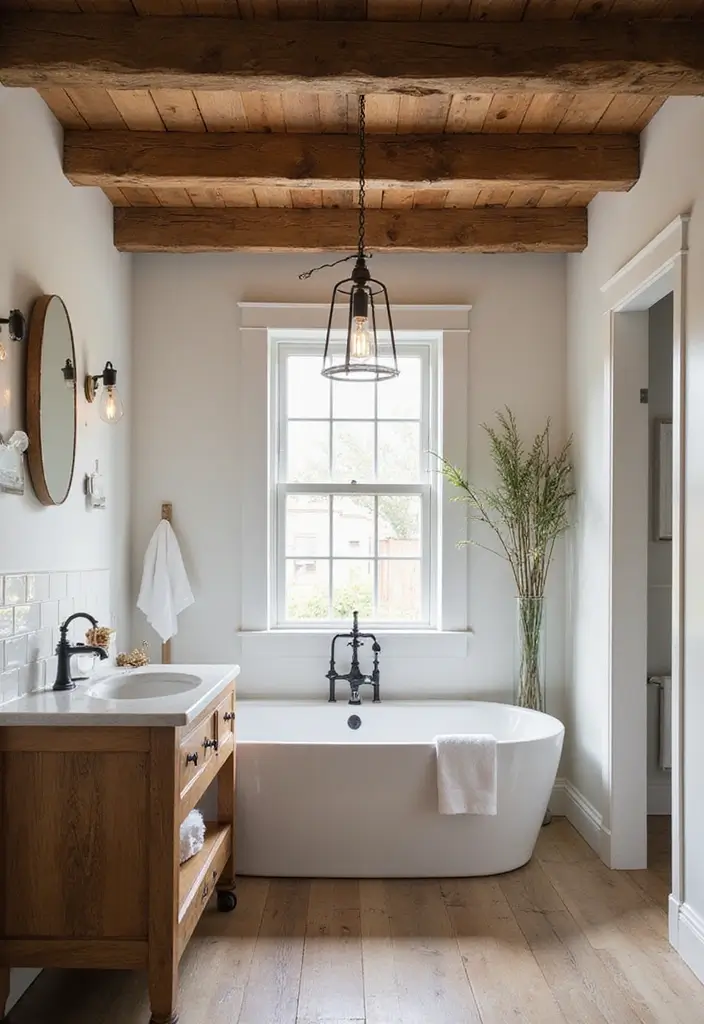 28 Ceiling Bathroom Lighting Ideas for Elegant Glow - 2. Rustic Wooden Beams with Pendant Lights
