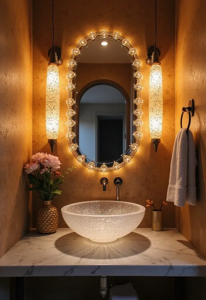 28 Ceiling Bathroom Lighting Ideas for Elegant Glow - 20. Beautifully Patterned Glass Fixtures