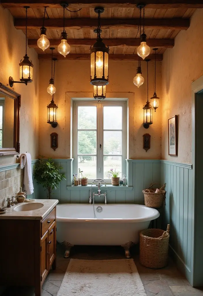 28 Ceiling Bathroom Lighting Ideas for Elegant Glow - 4. Vintage Lanterns