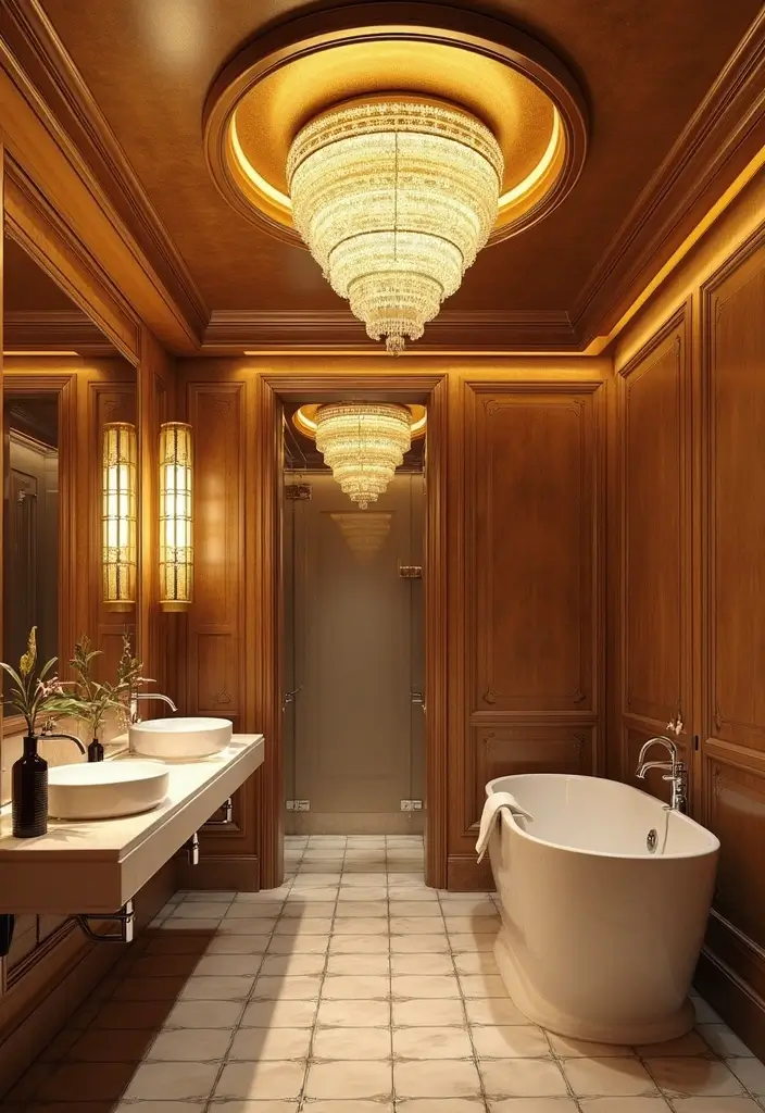 28 Ceiling Bathroom Lighting Ideas for Elegant Glow - 5. Glamorous Art Deco Fixtures