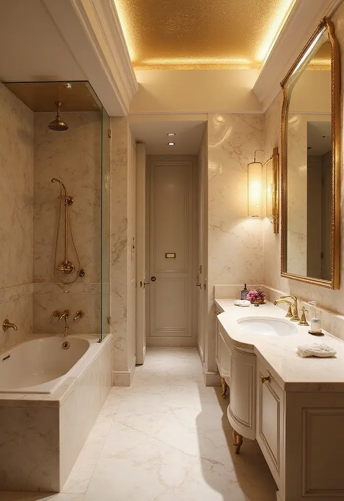 28 Ceiling Bathroom Lighting Ideas for Elegant Glow - 8. Luxe Gold Fixtures