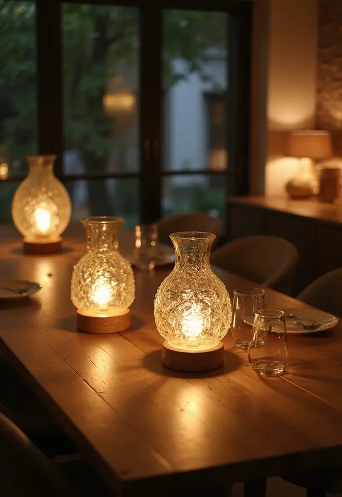 28 Dining Lighting Ideas That Set the Mood Perfectly 18 28 Dining Lighting Ideas That Set the Mood Perfectly - 18. Recycled Glass Table Lamps