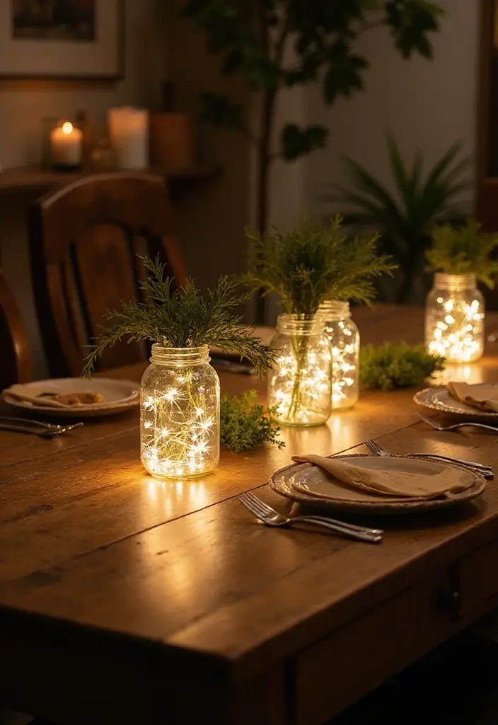 28 Dining Lighting Ideas That Set the Mood Perfectly 5 28 Dining Lighting Ideas That Set the Mood Perfectly - 5. LED Fairy Lights in Glass Jars