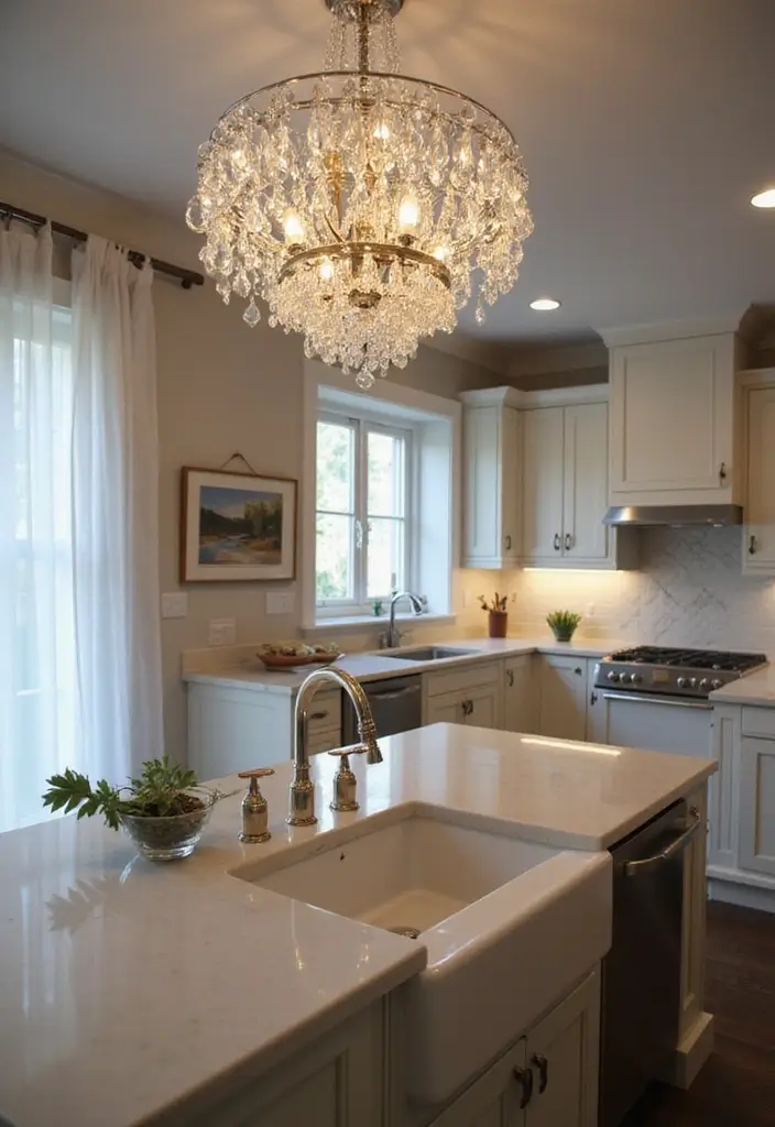 28 Kitchen Sink Lighting Designs You’ll Want to Try 15 28 Kitchen Sink Lighting Designs You’ll Want to Try - 15. Elegant Crystal Chandeliers