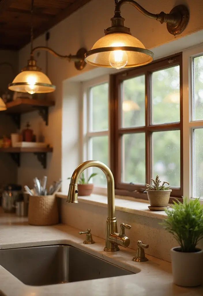 28 Kitchen Sink Lighting Designs You’ll Want to Try 5 28 Kitchen Sink Lighting Designs You’ll Want to Try - 5. Brass Accented Fixtures