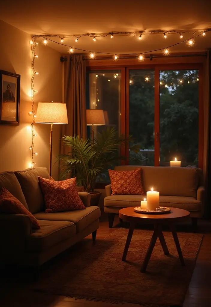 28 Living Room Lighting Designs That Elevate Modern Homes 19 28 Living Room Lighting Designs That Elevate Modern Homes - 19. String Lights for a Cozy Vibe