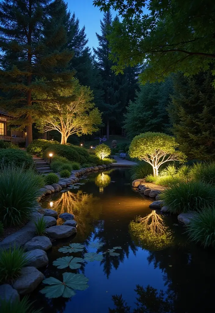 28 Outdoor Lighting Ideas That Add Drama and Charm - 24. Pond or Water Feature Lighting