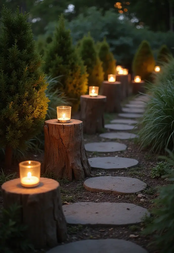 28 Outdoor Lighting Ideas That Add Drama and Charm - 9. Rustic Wooden Stumps with Candle Lights
