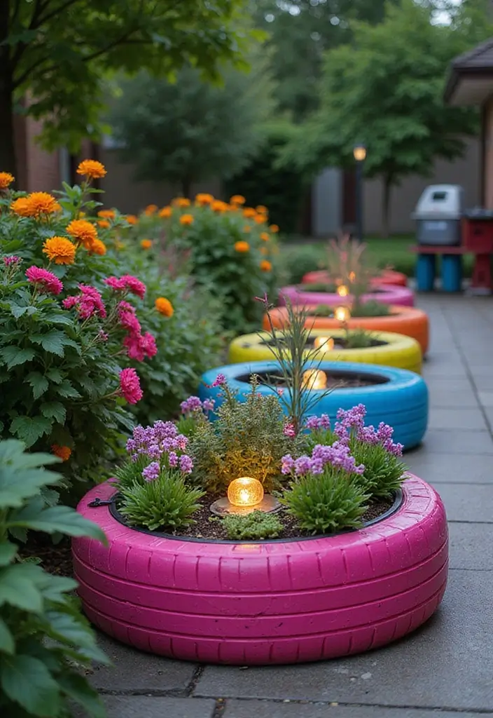 28 Patio Lighting Ideas to Create the Perfect Outdoor Ambiance 11 28 Patio Lighting Ideas to Create the Perfect Outdoor Ambiance - 11. Recycled Tire Planters with Lights