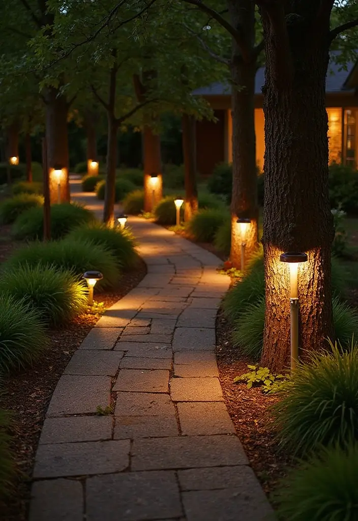 28 Walkway Lighting Ideas That Combine Safety and Beauty - 15. Solar-Powered Tree Trunk Lights