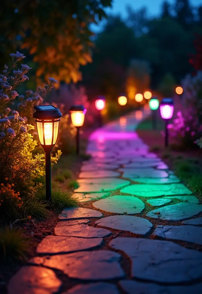 28 Walkway Lighting Ideas That Combine Safety and Beauty - 17. Multi-Colored Solar Lights