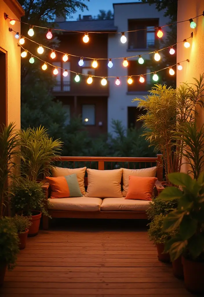 29 Balcony Lighting Ideas to Make Evenings More Relaxing 10 29 Balcony Lighting Ideas to Make Evenings More Relaxing - 10. Colorful String Lights