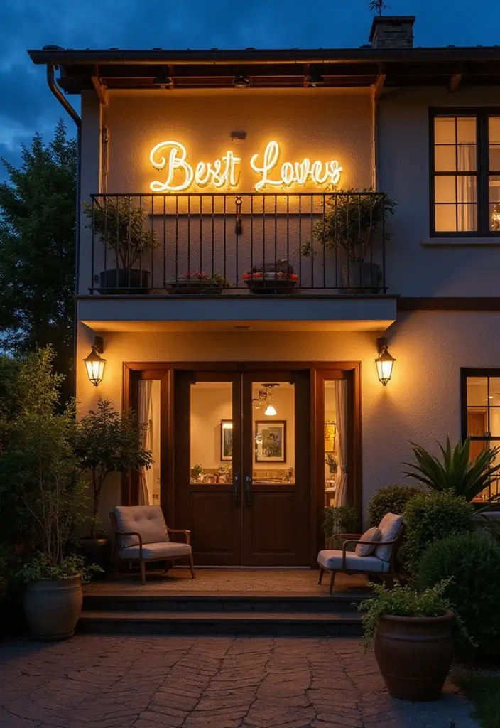 29 Balcony Lighting Ideas to Make Evenings More Relaxing 27 29 Balcony Lighting Ideas to Make Evenings More Relaxing - 27. Illuminated Signage